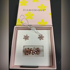 Diamonique Sterling Silver CZ rose gold tone   Flower Earrings and ring size 6
